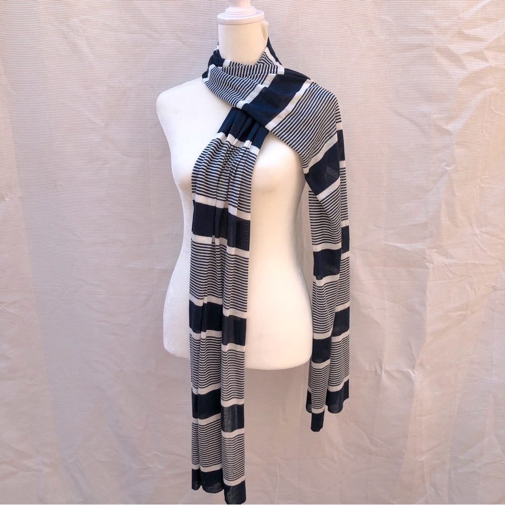 Lands End Scarf Light Weight Rectangle Navy Blue and White Stripe